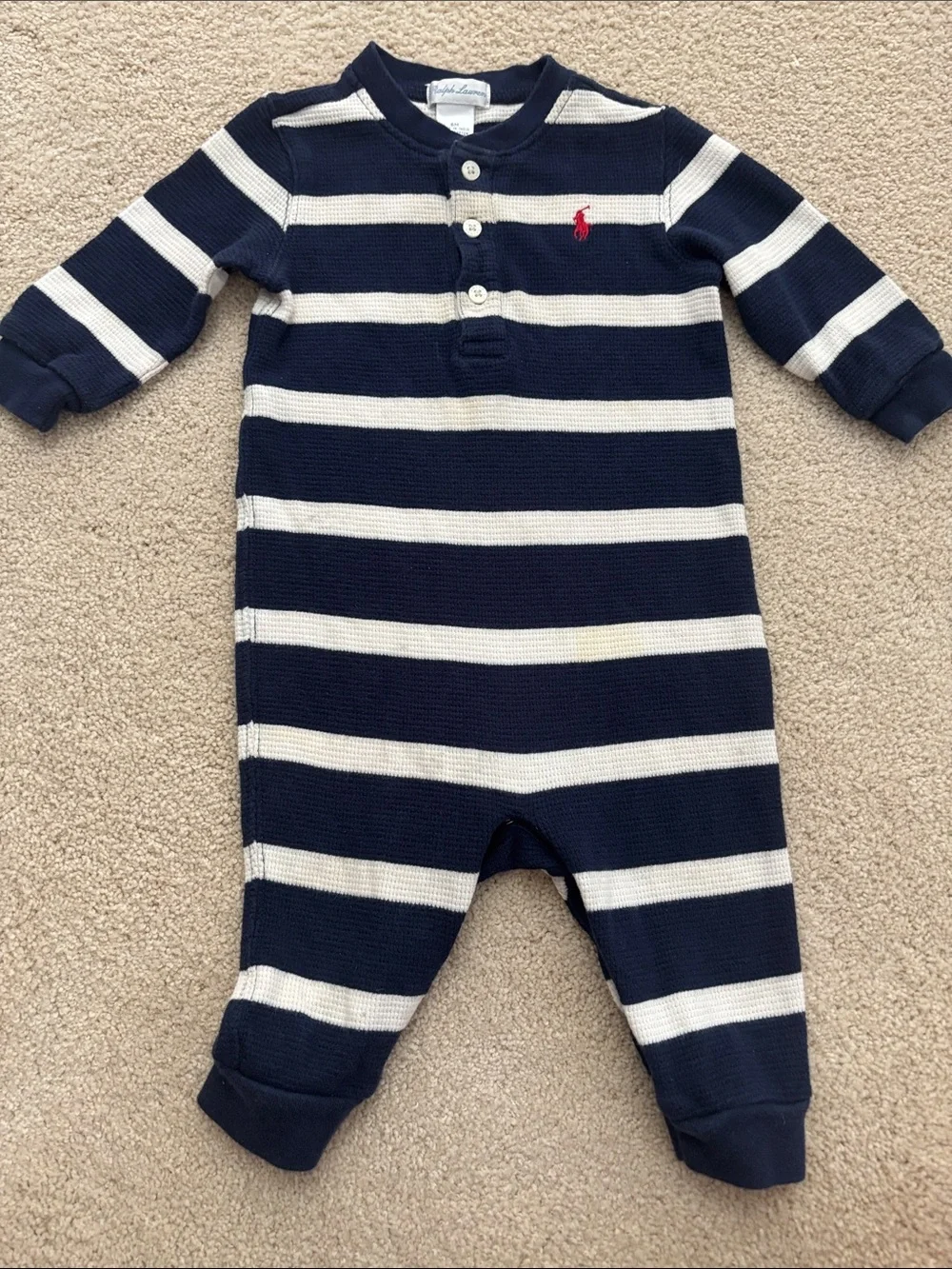 Ralph Lauren Baby Boy One Piece Navy & White Striped Romper Outfit Size 6m